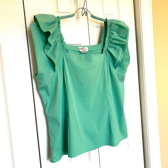 PRADA SPORT Square Neck Ruffle Short Sleeve Cotton Blend Top Green Size 44/US10 - Picture 4 of 16